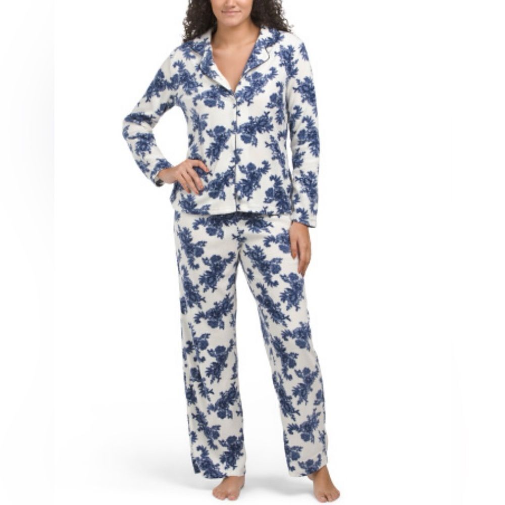 Martha Stewart M L XL White Blue Floral Long Sleeve Pants Fleece PJ Set